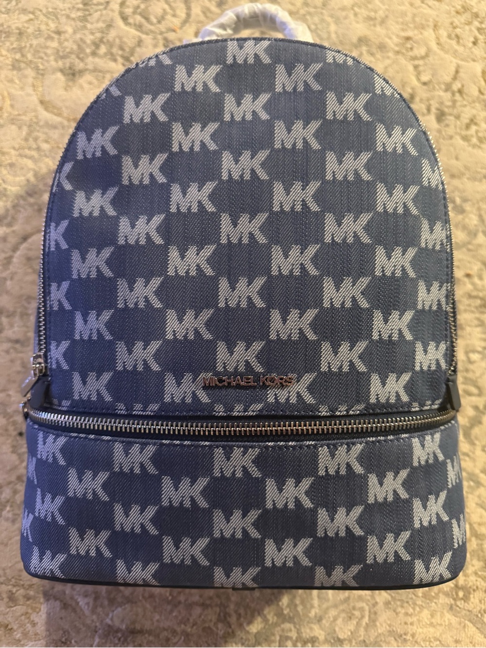 Michael Kors Rhea Medium Logo Jacquard Denim - Blue MK Monogram Mini Backpack
